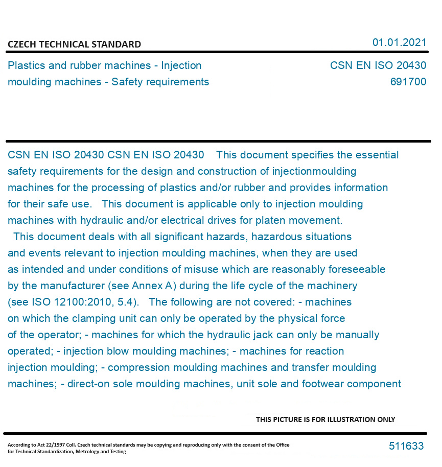 CSN EN ISO 20430 Plastics and rubber machines Injection moulding