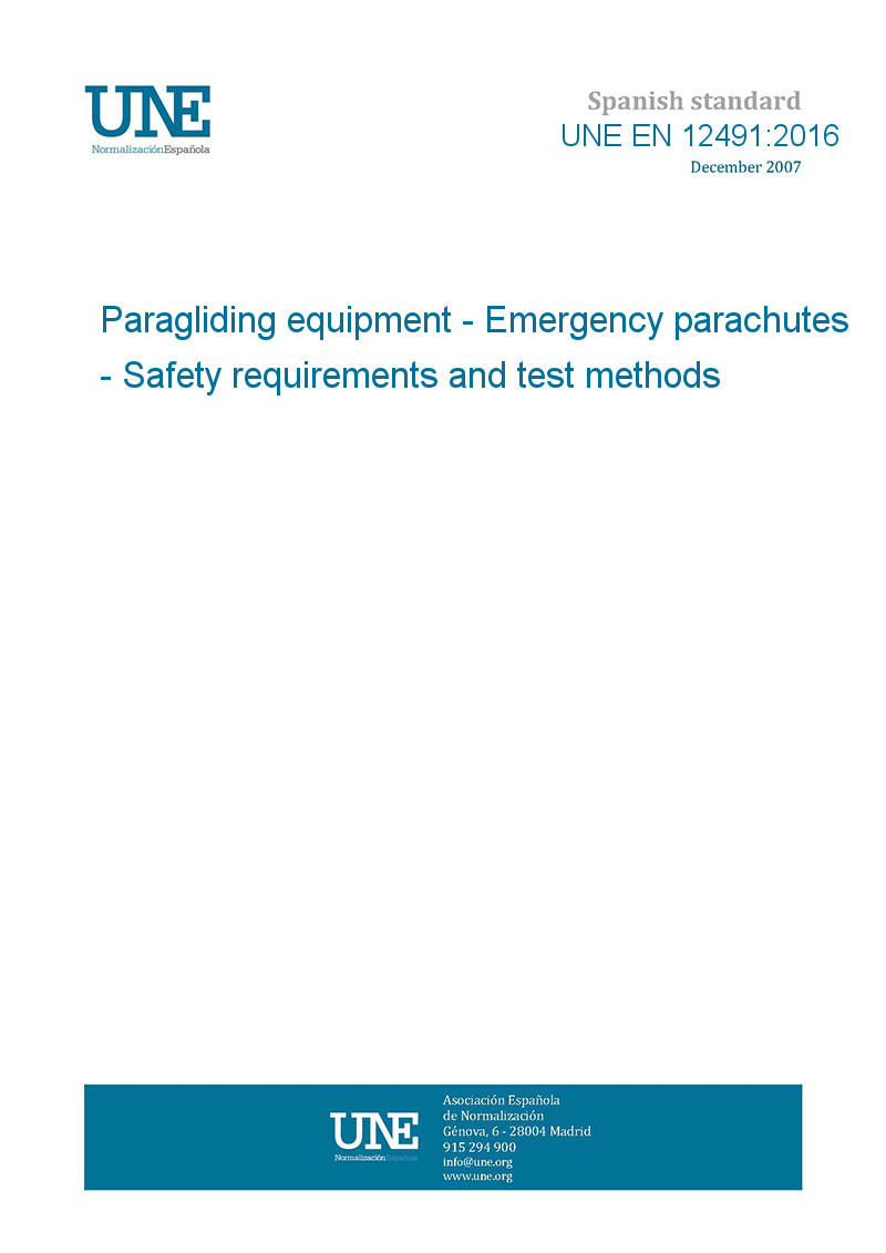 UNE EN 124912016 Paragliding equipment Emergency parachutes Safety